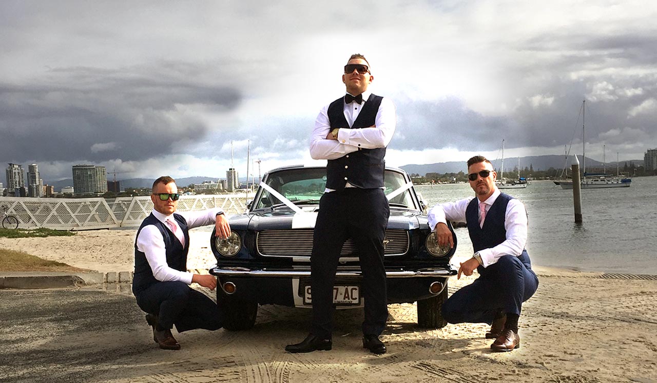 Side view Blue Shelby 1965 Mustang Fastback  - 2 hot bridal models wedding expo Montville