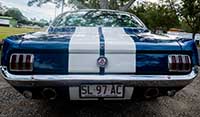 Rear close up view Blue Shelby 1965 Mustang Fastback Featuring SL - Limousine licence plates