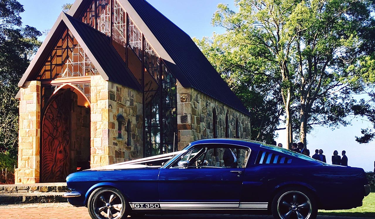 Side view Blue Shelby 1965 Mustang Fastback  - 2 hot bridal models wedding expo Montville